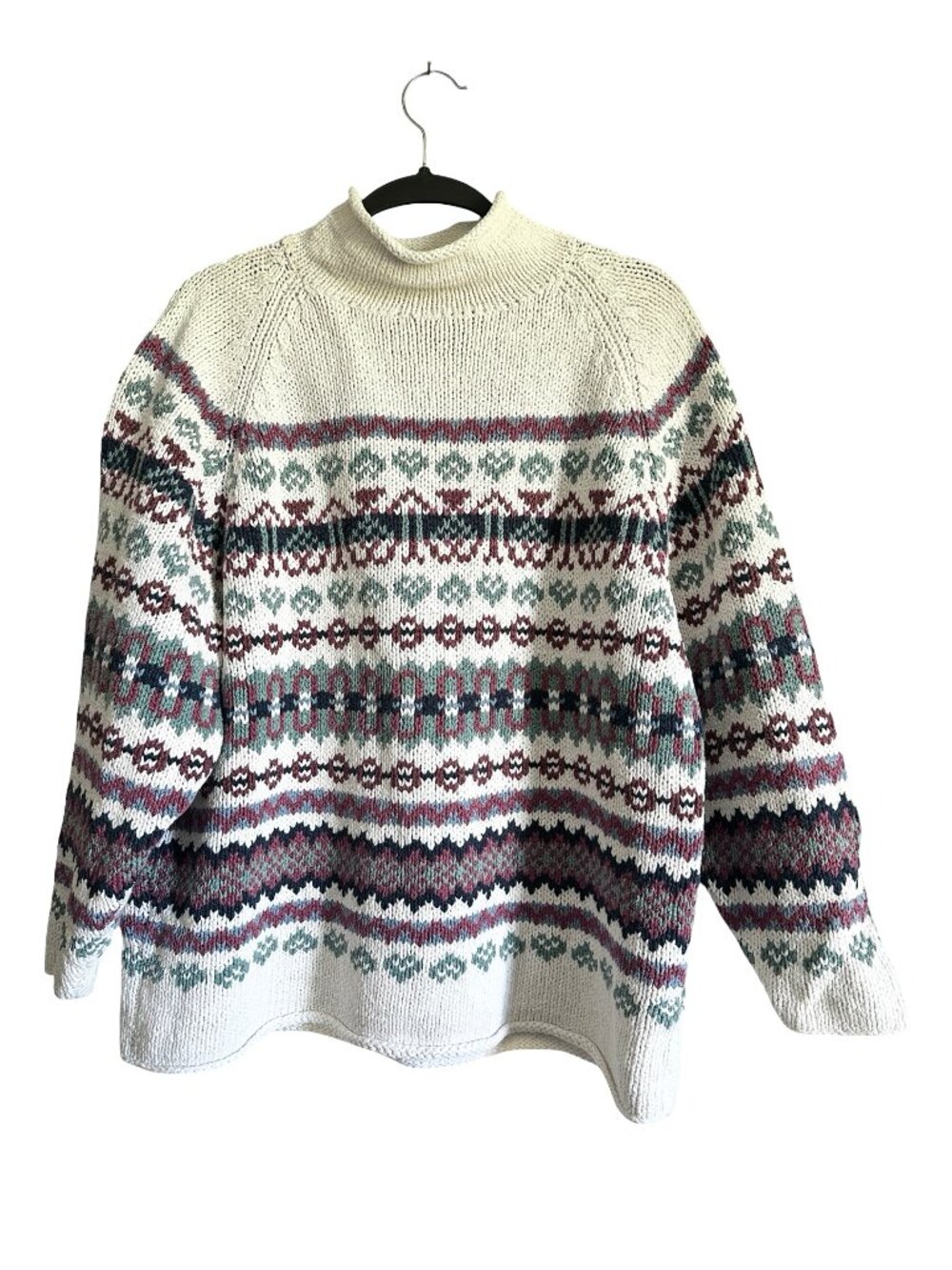 Eddie Bauer Vintage Fair Isle Mock Neck Cotton Sweater White 90s Y2K L